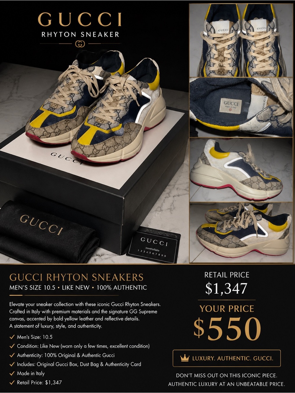 Gucci Rhyton GG Supreme Sneakers (Men Size 10.5)